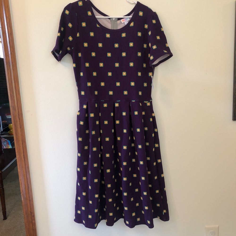 Lularoe Amelia Purple Dress with Yellow Square Pattern Large